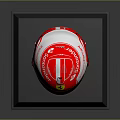 Red Ferrari Racing Helmet With Santander Text And VELAS Brand On Black Base Stand