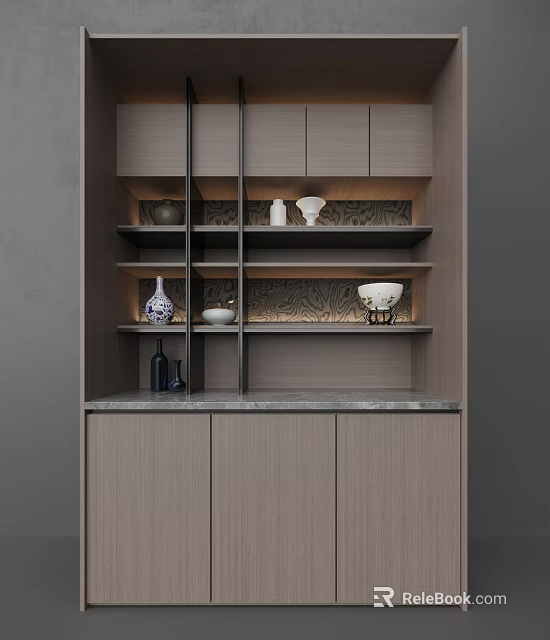 Elegant Wooden Decorative Cabinet With Marble Countertop Textured Back Panel And Shelves Displaying Vases Bowls 3d model 