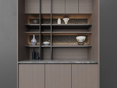 Elegant Wooden Decorative Cabinet With Marble Countertop Textured Back Panel And Shelves Displaying Vases Bowls 3d model