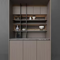 Elegant Wooden Decorative Cabinet With Marble Countertop Textured Back Panel And Shelves Displaying Vases Bowls