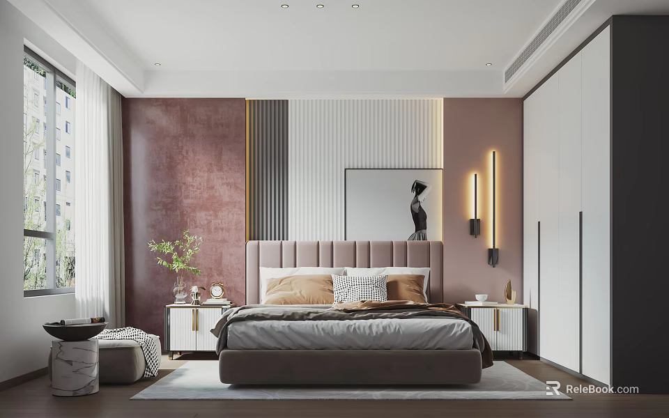 Elegant Modern Bedroom Interior With Blush Pink Walls Upholstered Headboard And Decorative Art 3d model 