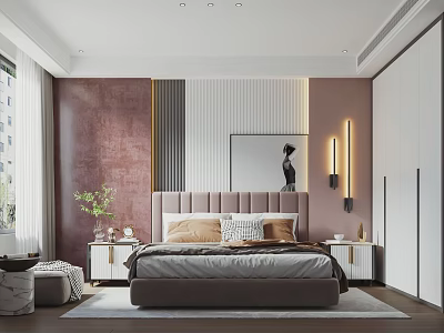 Elegant Modern Bedroom Interior With Blush Pink Walls Upholstered Headboard And Decorative Art 3d model