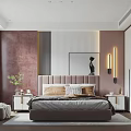 Elegant Modern Bedroom Interior With Blush Pink Walls Upholstered Headboard And Decorative Art