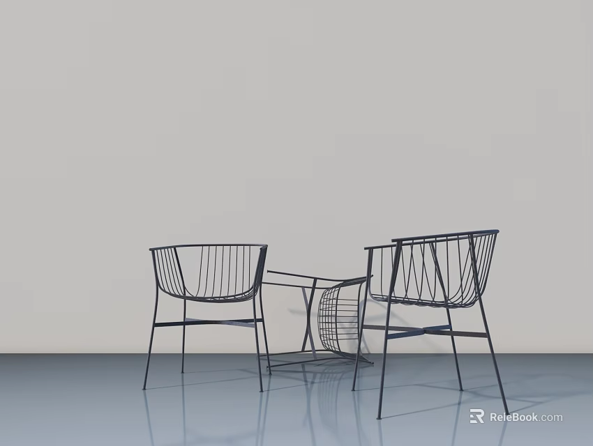 Black Modern Minimalist Lounge Chairs with Wire Frame and Side Table 3d model 