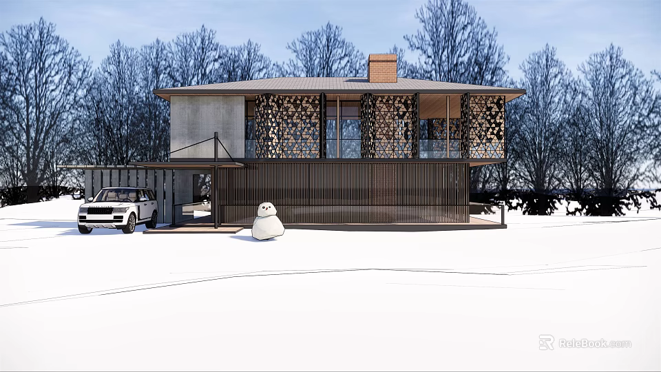 Modern Detached House With Glass Windows Wooden Accents Snowy Yard Snowman And White Car 3d model 