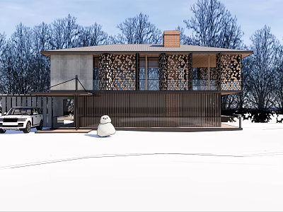 Modern Detached House With Glass Windows Wooden Accents Snowy Yard Snowman And White Car 3d model