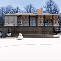 Modern Detached House With Glass Windows Wooden Accents Snowy Yard Snowman And White Car