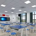 Modern Laboratory Interior With Blue Lab Tables White Stools Large Windows And Screen Setup 3d model
