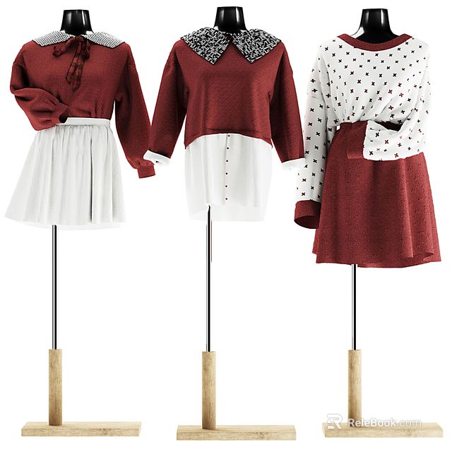 Model Displaying Red White And Black Polka Dot Dresses With Collar And Skirt Details 3d model 
