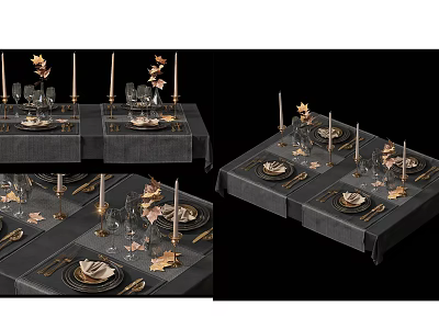 Elegant Tableware Set with Gold Plates Candles Leaf Decor on Black Dining Table 3d model