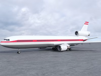 White Commercial Airliner With Red Stripe Parked On Runway Under Cloudy Sky 3d model