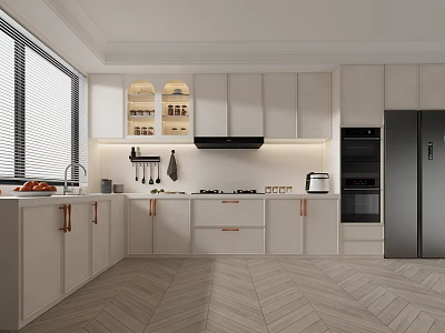 Modern Kitchen Interior With White Cabinets Gray Refrigerator And Herringbone Floor 3d model