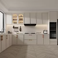 Modern Kitchen Interior With White Cabinets Gray Refrigerator And Herringbone Floor 3d model