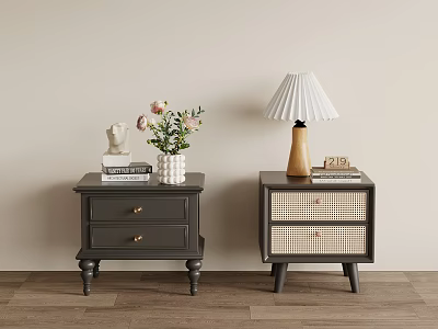 Dark Gray Nightstands With Rattan Drawer Lamp Flower Vase Books On Wooden Floor Light Wall 3d model