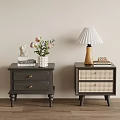 Dark Gray Nightstands With Rattan Drawer Lamp Flower Vase Books On Wooden Floor Light Wall