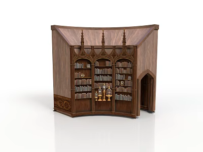Gothic Architectural Wooden Bookcase With Pointed Spires Multiple Shelves Books And Candle Holders 3d model