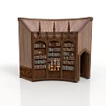 Gothic Architectural Wooden Bookcase With Pointed Spires Multiple Shelves Books And Candle Holders