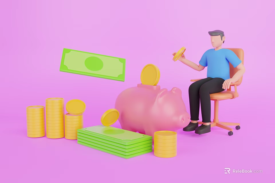 Decorative Ornament Set With Figurine Piggy Bank Gold Coins Green Banknotes And Pink Background 3d model 