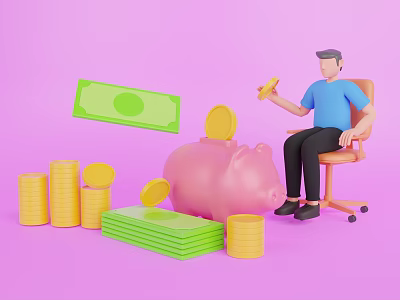 Decorative Ornament Set With Figurine Piggy Bank Gold Coins Green Banknotes And Pink Background 3d model