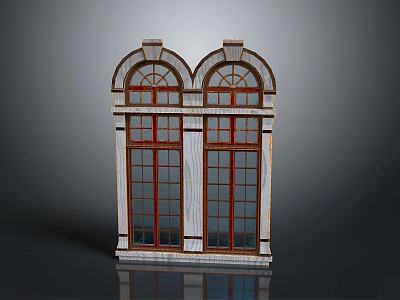 Classic Double Arched Window Furniture With Wooden Frame And Glass Panes 3d model