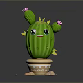 Cartoon Cactus With Smiling Face Big Eyes And Pink Flowers In Terracotta Pot