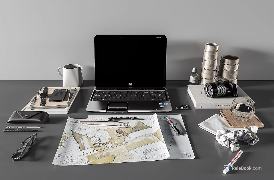 HP Laptop On Modern Workspace With Mug Phone Camera Blueprint Mouse And Pen 3d model 