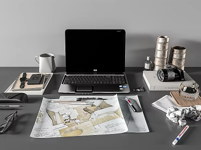 HP Laptop On Modern Workspace With Mug Phone Camera Blueprint Mouse And Pen 3d model