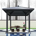 Outdoor Pavilion With Poolside Green Plants Blue Tiled Floor And Relaxation Seating