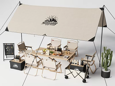 Outdoor Camping Table and Chairs Set with Chalkboard Cooler Cart Cactus Plant under Canopy Tent 3d model