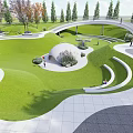 Scenic Park Landscape With Circular Pathways Lush Lawns Trees And Central Sculpture