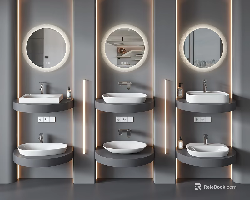 Modern Bathroom Design With Illuminated Round Mirrors And Wall Mounted Washbasins 3d model 
