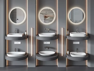 Modern Bathroom Design With Illuminated Round Mirrors And Wall Mounted Washbasins 3d model
