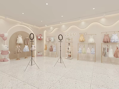 Warm Bright Children's Clothing Store Featuring Clothing Racks Cartoon Bear And Balloons 3d model