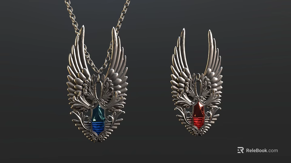 Silver Wing Shaped Jewelry Pendant Featuring Blue and Red Gemstones 3d model 