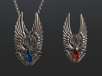 Silver Wing Shaped Jewelry Pendant Featuring Blue and Red Gemstones 3d model