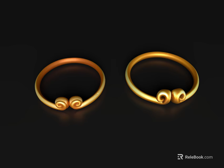 Golden Decorative Ornament Set Featuring Two Rings with Curled Designs 3d model 