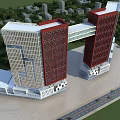 Twin Modern Office Buildings With Red Beige Facade And Connecting Glass Bridge