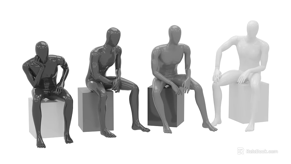 Human Mannequins In Sitting Poses With Different Colors On Cube Pedestals 3d model 