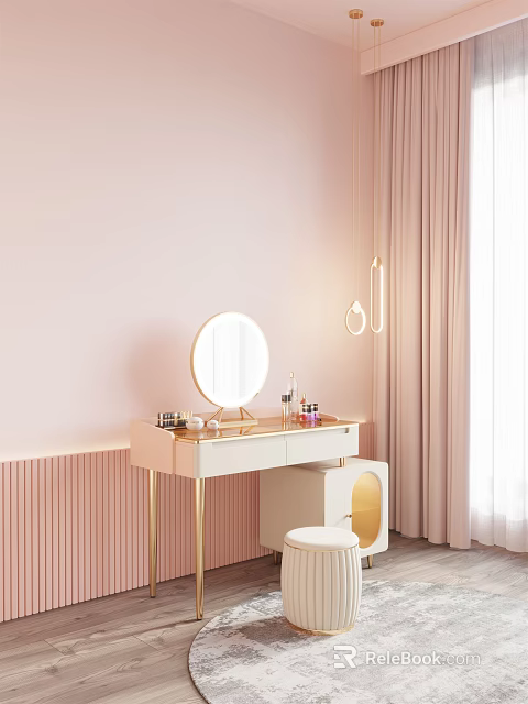 Pink White Modern Dressing Table with Round Mirror Gold Legs Cosmetics Stool Curtain Wall Lamp 3d model 