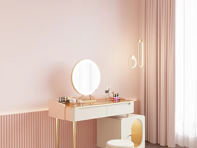 Pink White Modern Dressing Table with Round Mirror Gold Legs Cosmetics Stool Curtain Wall Lamp 3d model