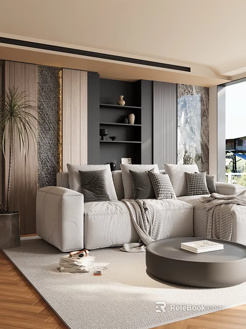 Modern Living Room Interior With Beige Sofa Gray Throw Pillows Wooden Shelf And Large Window 3d model 