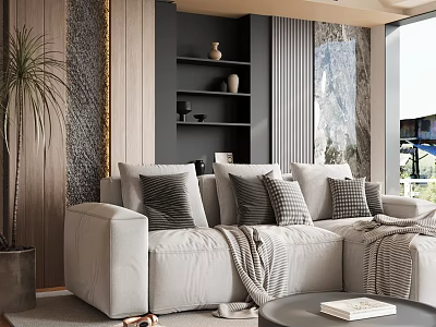 Modern Living Room Interior With Beige Sofa Gray Throw Pillows Wooden Shelf And Large Window 3d model