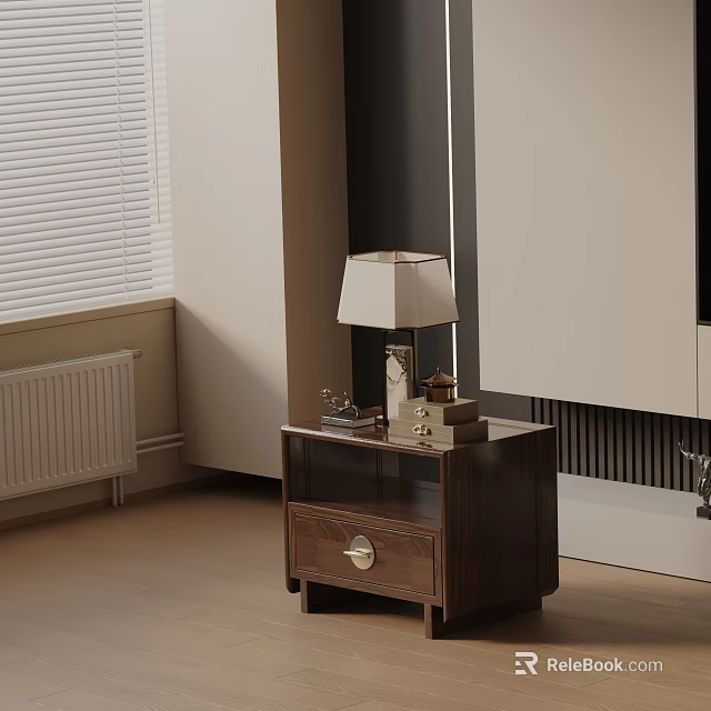 Walnut Bedside Table With White Shade Lamp And Small Items Near Window With Blinds 3d model