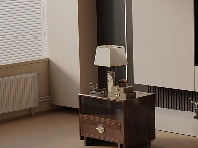 Walnut Bedside Table With White Shade Lamp And Small Items Near Window With Blinds 3d model
