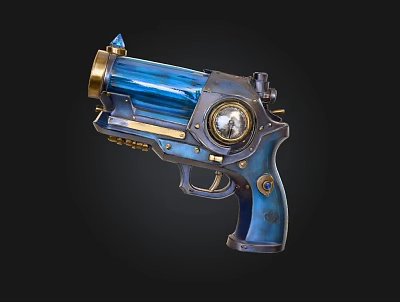 Steampunk Style Revolver With Blue Gold Finish And Ornate Brass Accents 3d model