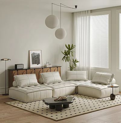 Modern Minimalist White Upholstered Sofa and Coffee Table Set with Green Plant and Decorative Painting 3d model