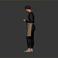 Person Wearing Brown Apron Holding Items In Gray Black Gradient Background