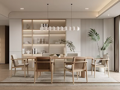 Modern Restaurant Interior With Wooden Dining Table Chairs Pendant Lights And Decorative Plants 3d model