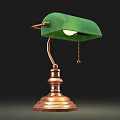 Vintage Wooden Desk With Green Marble Top Brass Table Lamp And Wooden Chair