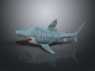 Realistic 3D Model of Gray White Patterned Shark With Open Mouth and Sharp Teeth 3d model
